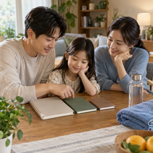 한 식탁에서 기록을 함께 살펴보는 가족 장면을 표현한 AI 생성 예시 · 가족별 복용 목록 안내