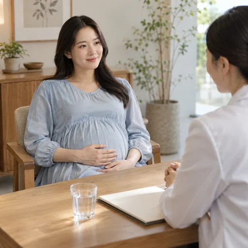 상담 책상 앞에서 설명을 듣는 임신부 장면을 표현한 AI 생성 예시 · 임신 중 상담 준비 안내